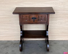 20th Pair of Narrow Spanish Nightstands with Carved Drawer and Low Shelve