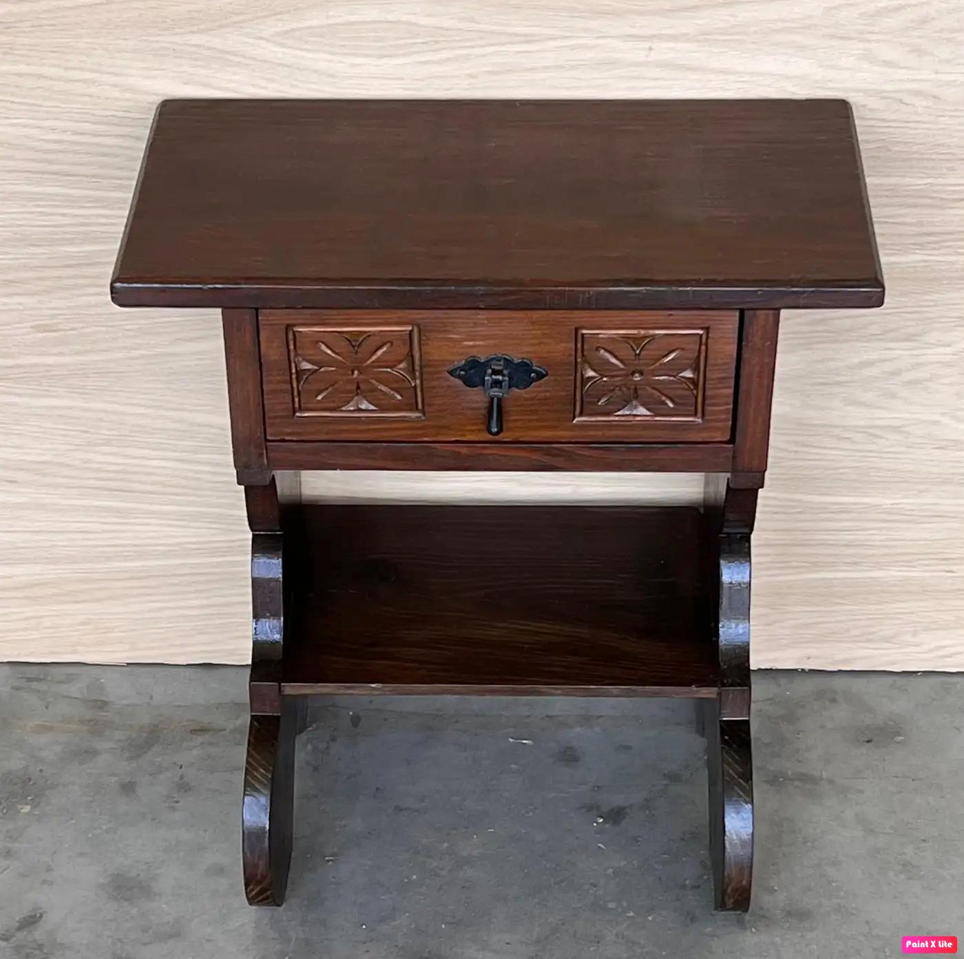 20th Century 20th Pair of Narrow Spanish Nightstands with Carved Drawer and Low Shelve For Sale