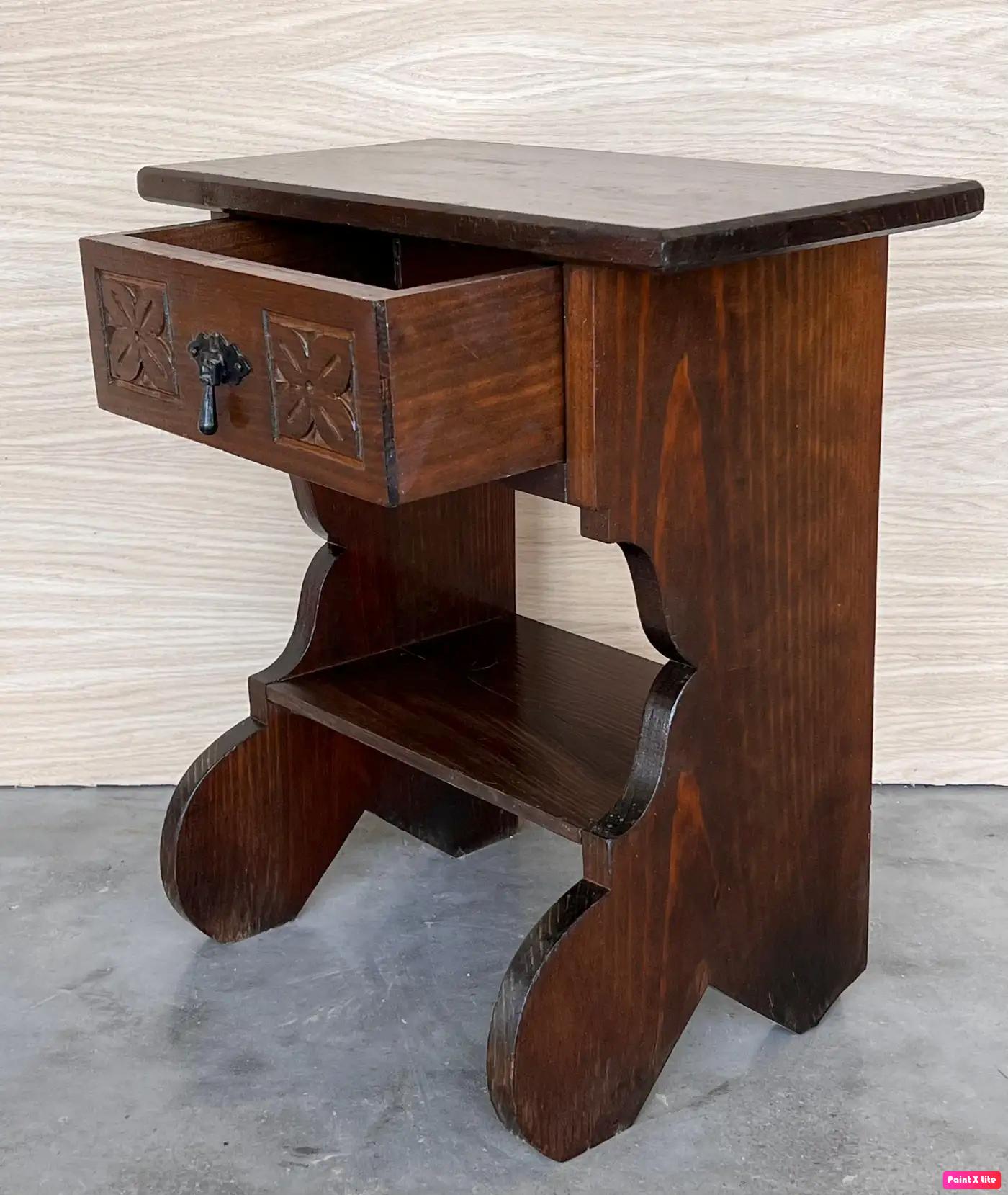 20th Pair of Narrow Spanish Nightstands with Carved Drawer and Low Shelve For Sale 1