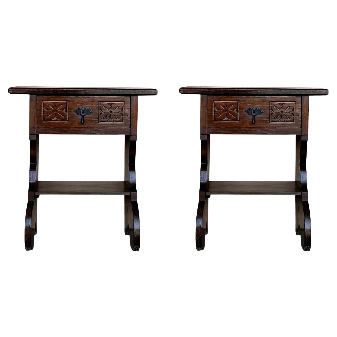 20th Pair of Narrow Spanish Nightstands with Carved Drawer and Low Shelve For Sale
