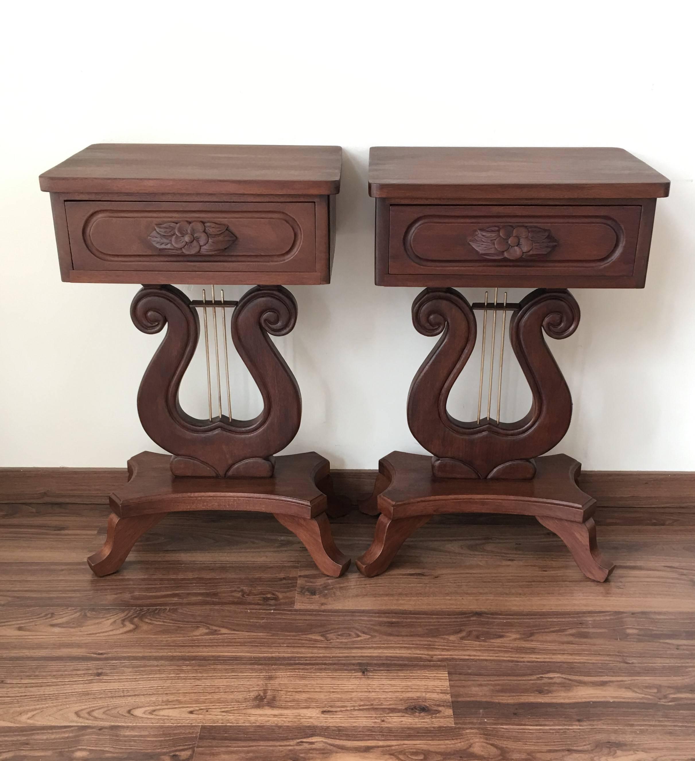 20th Century Pair of Nightstands in Mahogany with Lyre Leg and Bronze 9