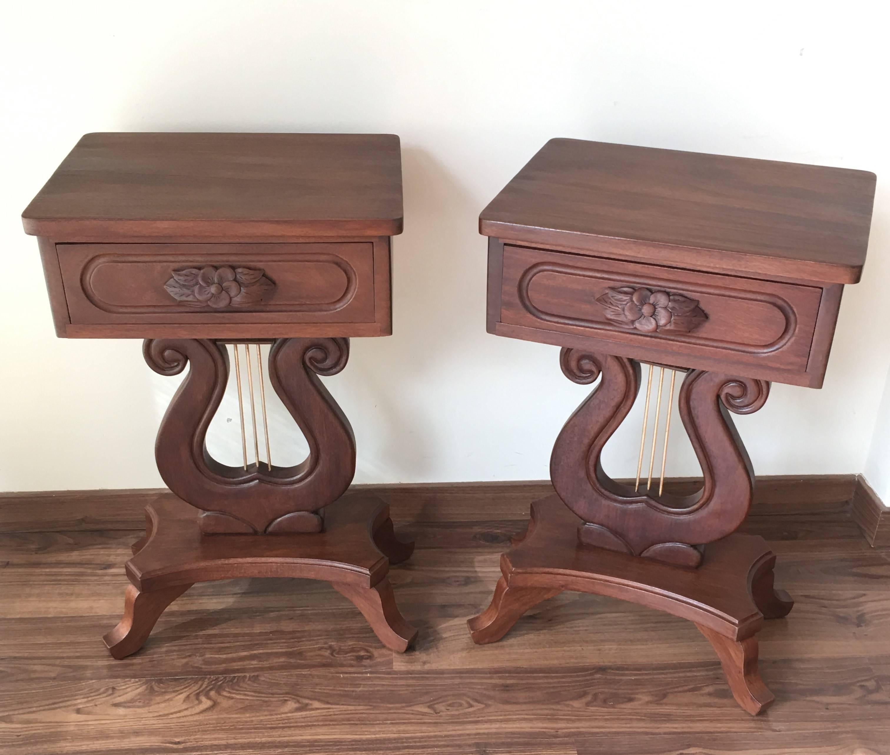 French 20th Century Pair of Nightstands in Mahogany with Lyre Leg and Bronze