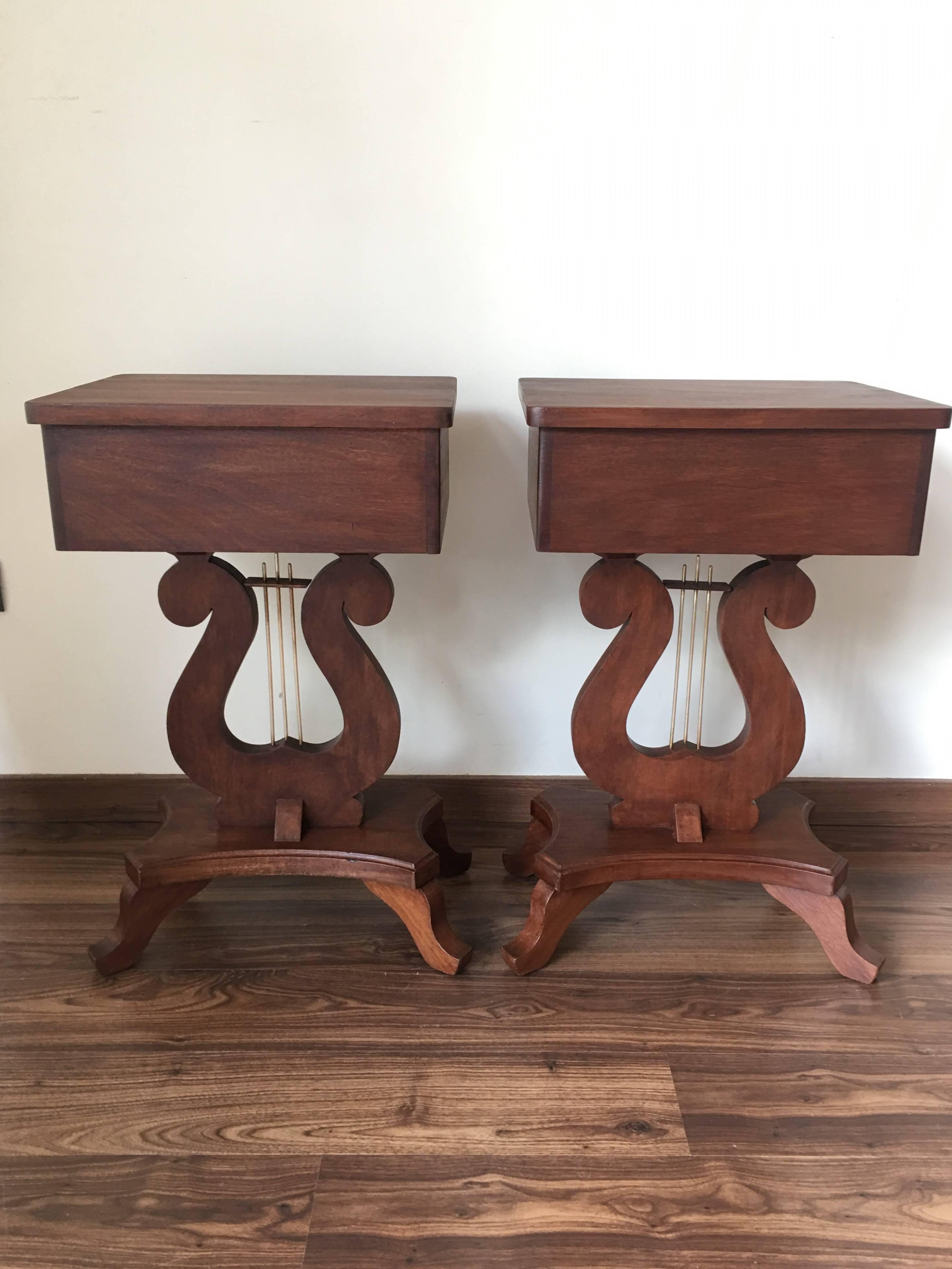 20th Century Pair of Nightstands in Mahogany with Lyre Leg and Bronze 3