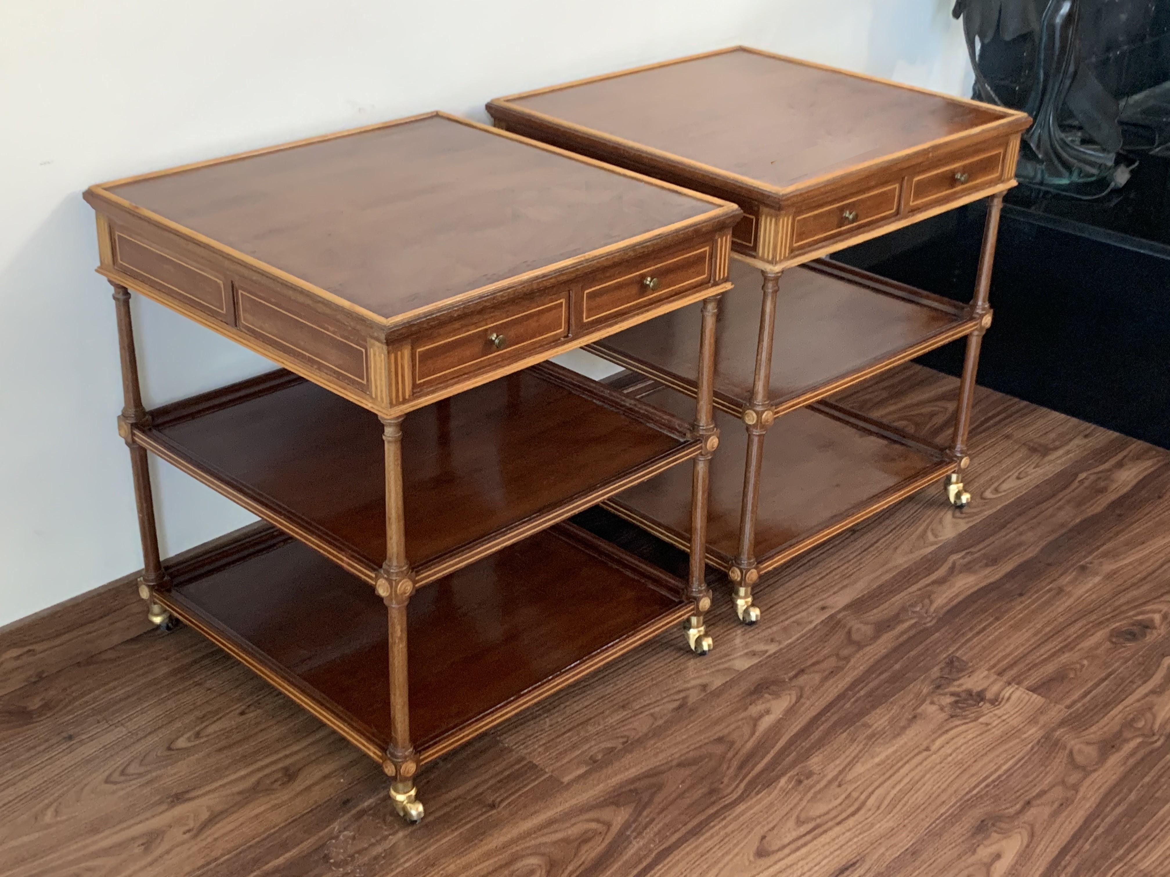 French Provincial 20th Pair of Side or Nightstands Tables on Wheels with Two Drawers & Two Shelves