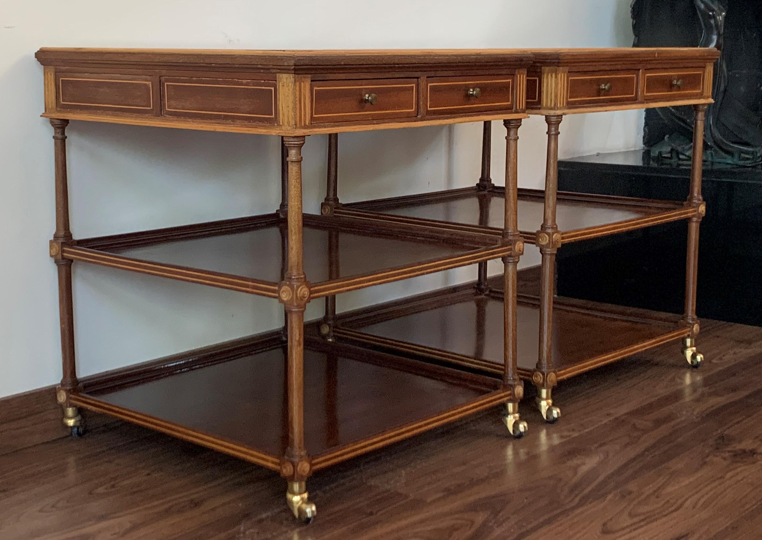 French 20th Pair of Side or Nightstands Tables on Wheels with Two Drawers & Two Shelves