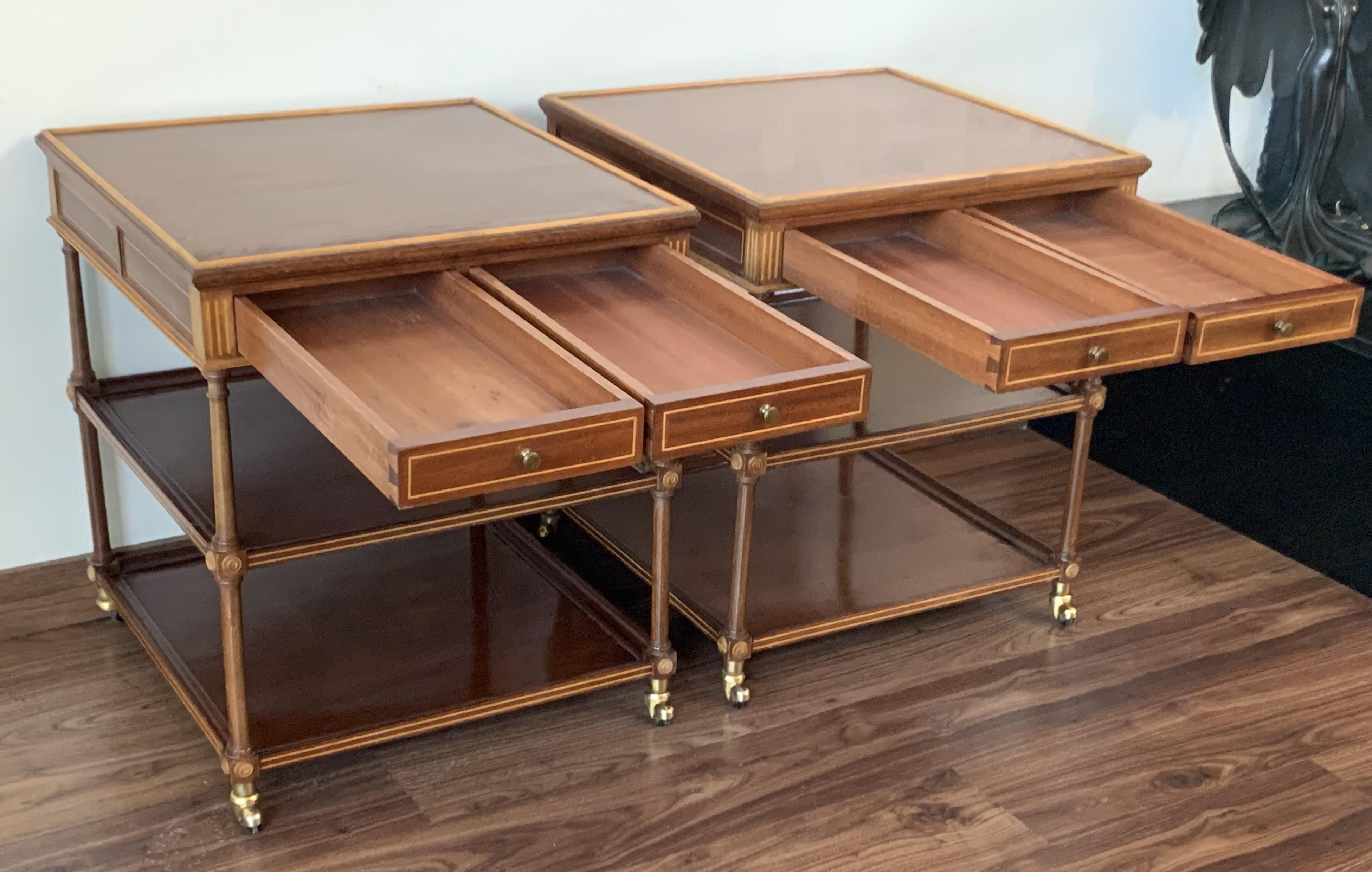 20th Pair of Side or Nightstands Tables on Wheels with Two Drawers & Two Shelves In Good Condition In Miami, FL