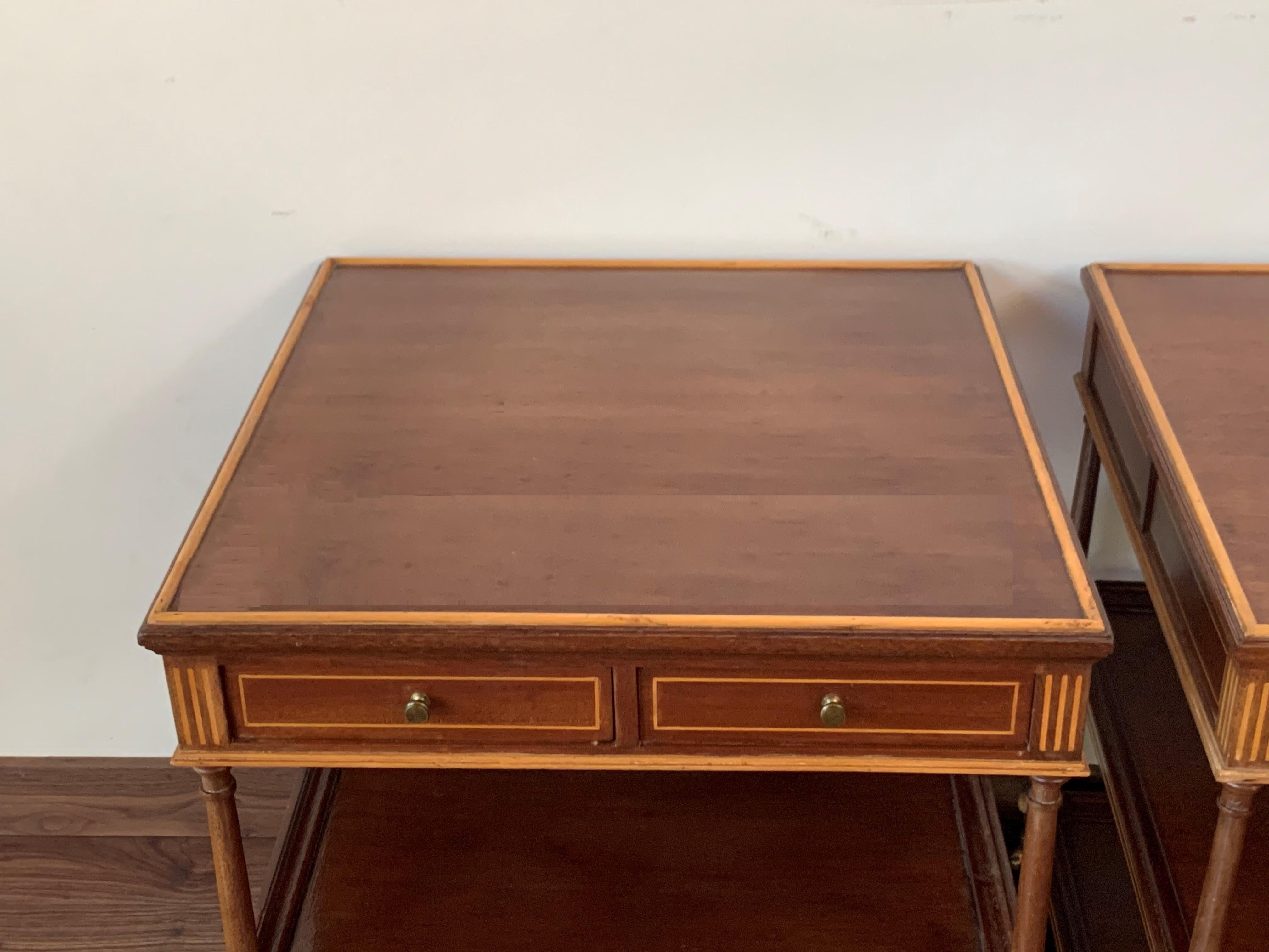 20th Century 20th Pair of Side or Nightstands Tables on Wheels with Two Drawers & Two Shelves