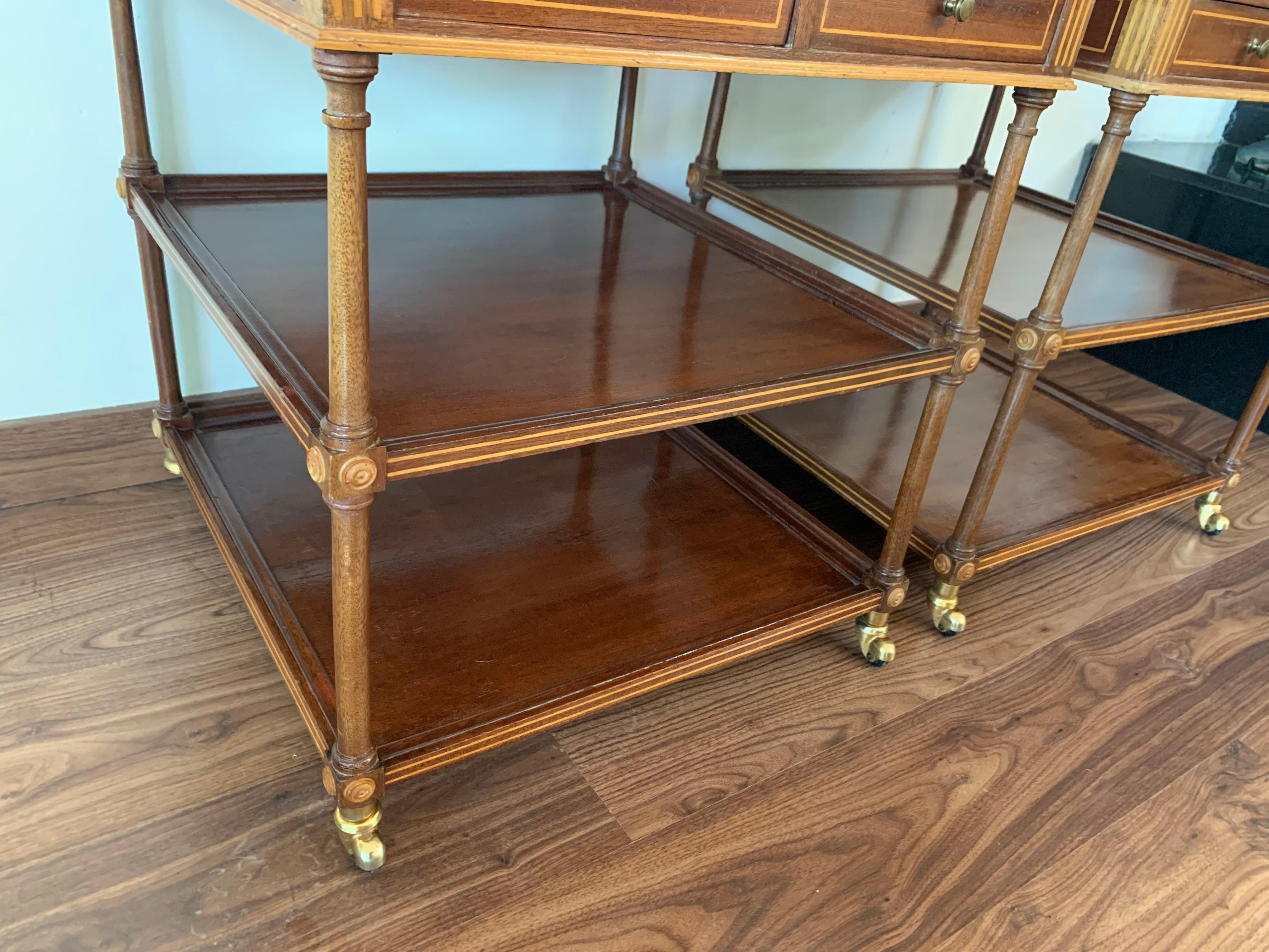 20th Pair of Side or Nightstands Tables on Wheels with Two Drawers & Two Shelves 2