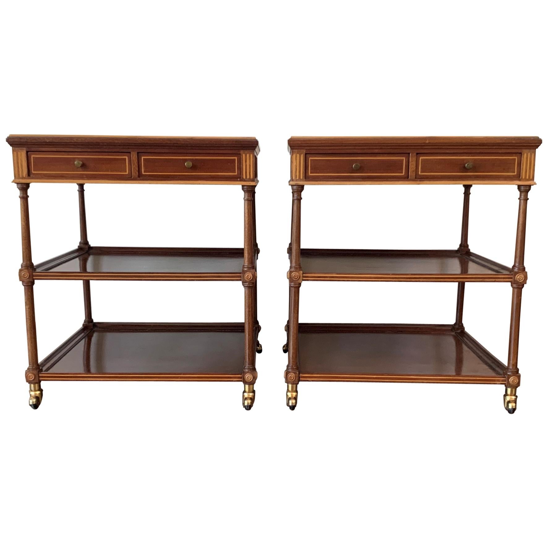20th Pair of Side or Nightstands Tables on Wheels with Two Drawers & Two Shelves