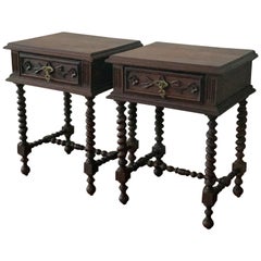 Antique 20th Century Pair of Solid Carved French Nightstands with Solomonic Columns