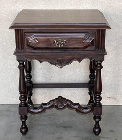 20th Pair of Spanish Nightstands with Carved Drawer and beautiful stretcher