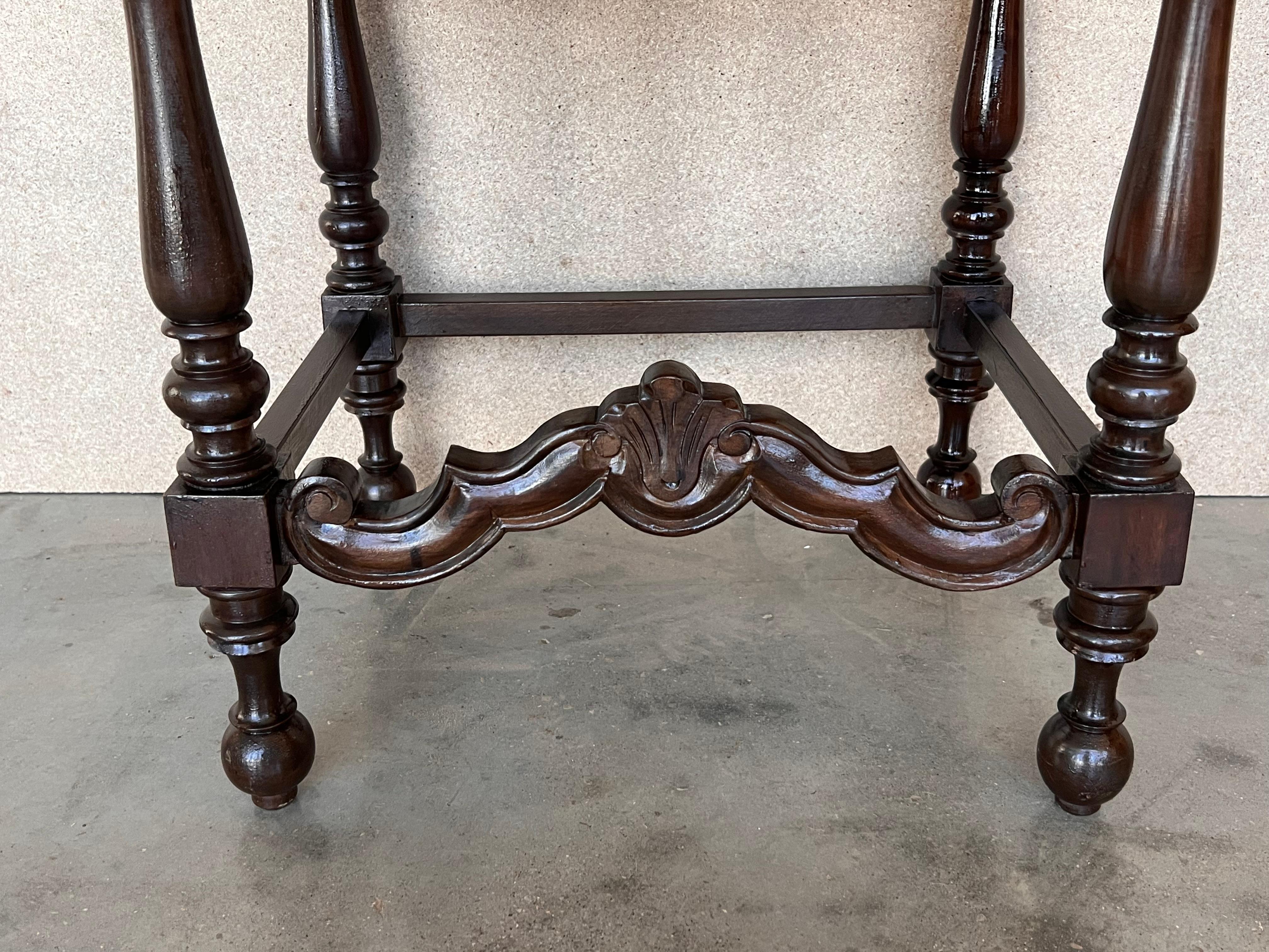Walnut 20th Pair of Spanish Nightstands with Carved Drawer and beautiful stretcher For Sale