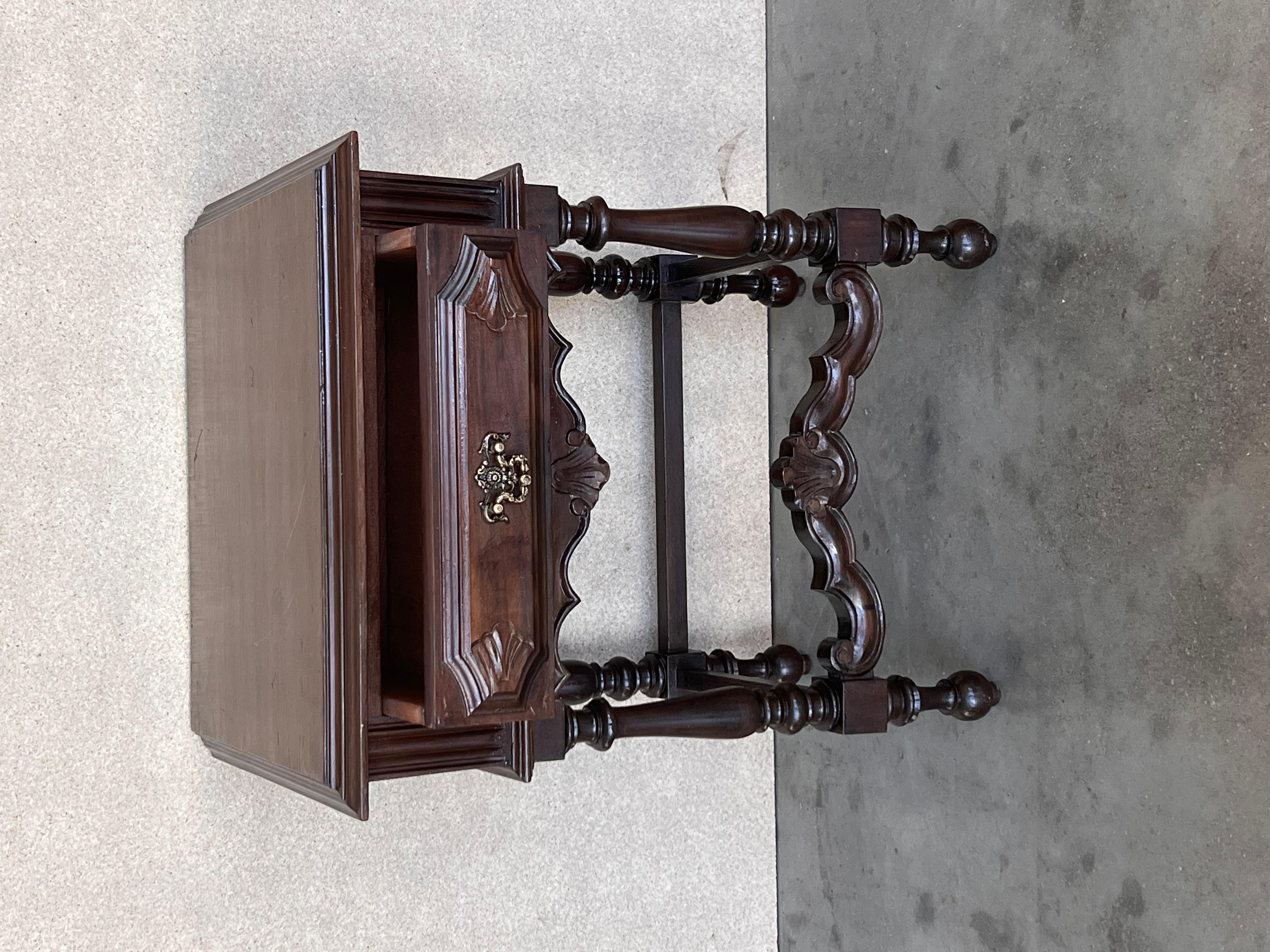 20th Pair of Spanish Nightstands with Carved Drawer and beautiful stretcher For Sale 2