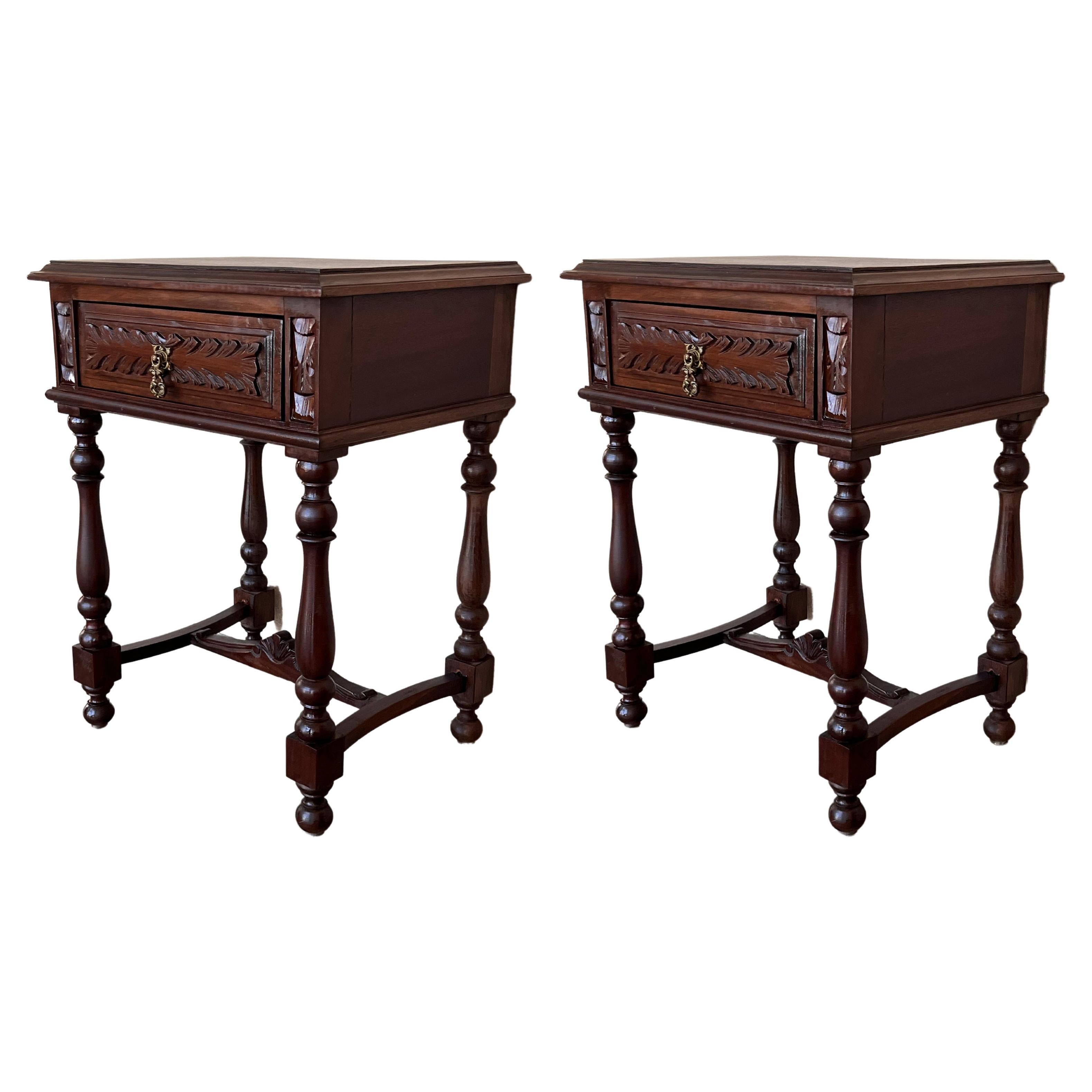 20th Pair of Spanish Nightstands with Carved Drawer and beautiful stretcher