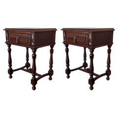 Antique 20th Pair of Spanish Nightstands with Carved Drawer and beautiful stretcher