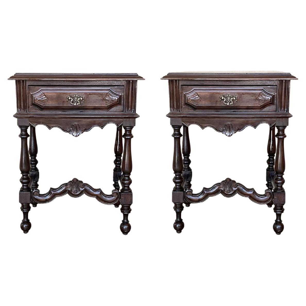 20th Pair of Spanish Nightstands with Carved Drawer and beautiful stretcher For Sale