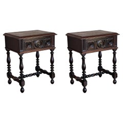 20th Pair of Spanish Nightstands with Carved Drawer and beautiful stretcher