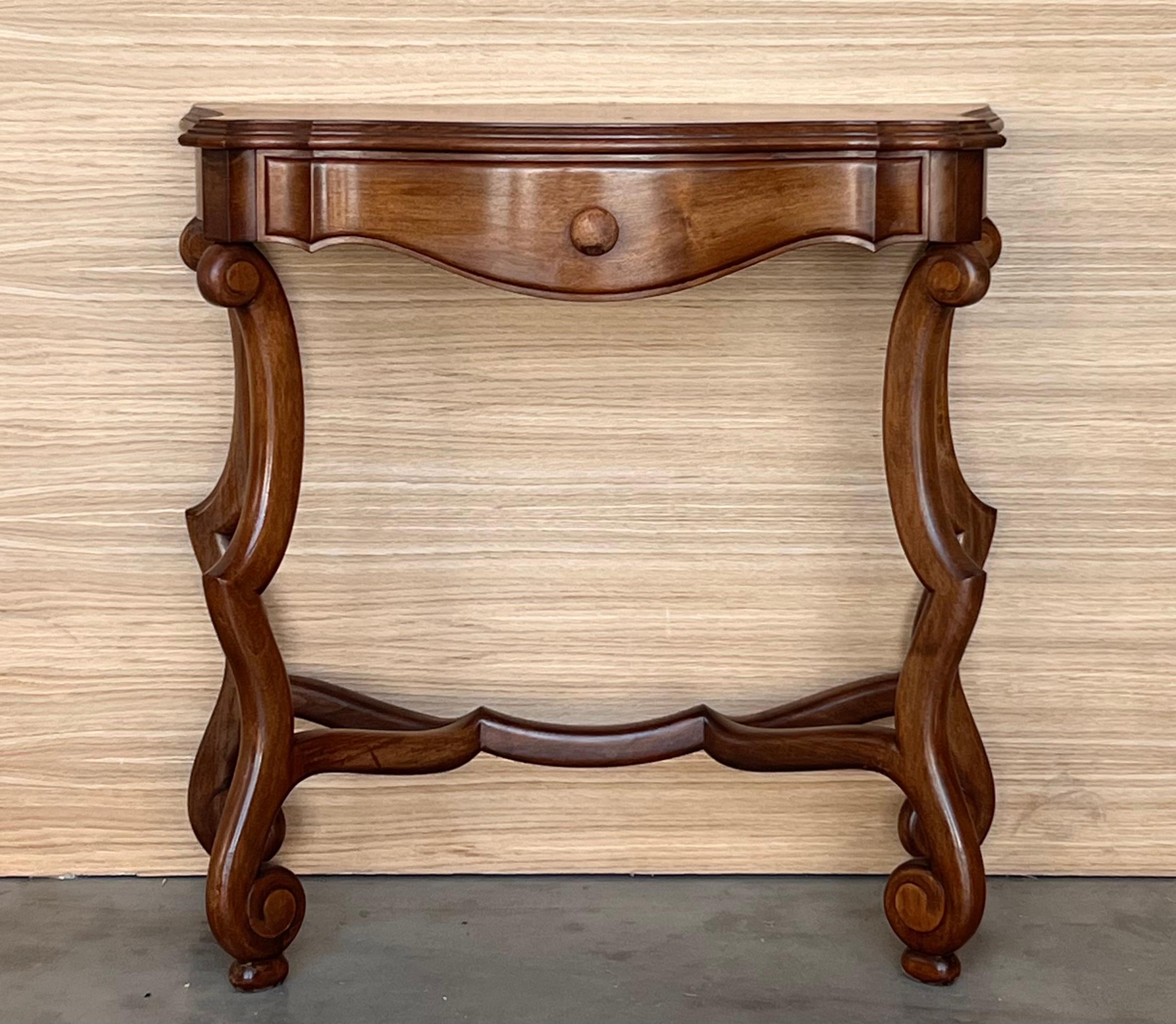 20th century Pair of Spanish nightstands with one drawer . The table has beautiful carved legs with original color . Beautiful tables that you can use like a nightstands or side tables, end tables or table lamp, desk or console.