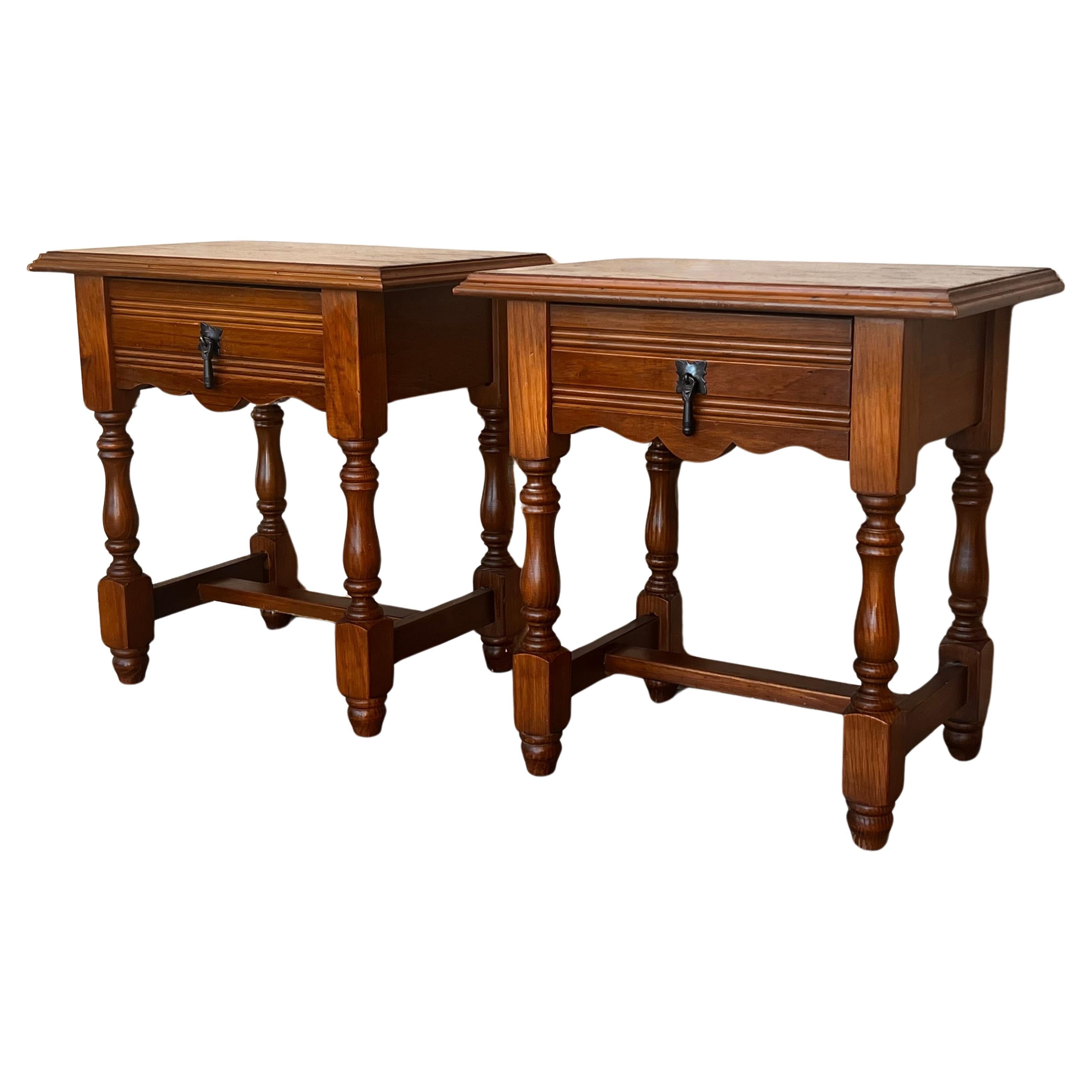 20th Pair of Spanish Nightstands with Carved Drawer  For Sale