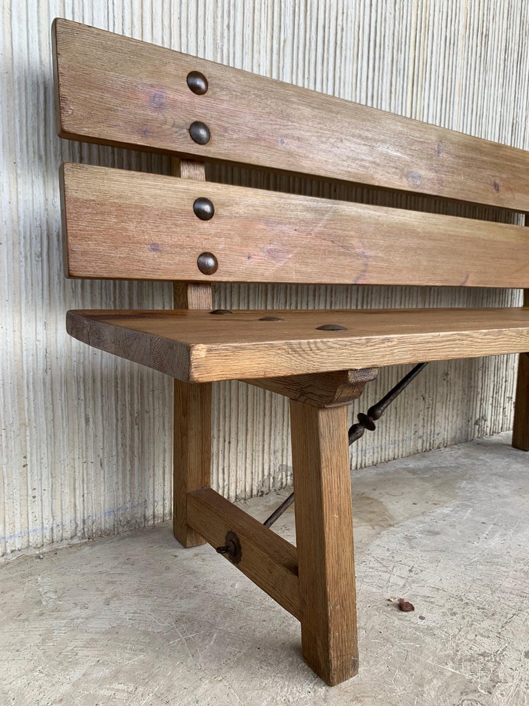 20th Pair of Spanish Park or Garden Benches with Wood Slabs and Iron