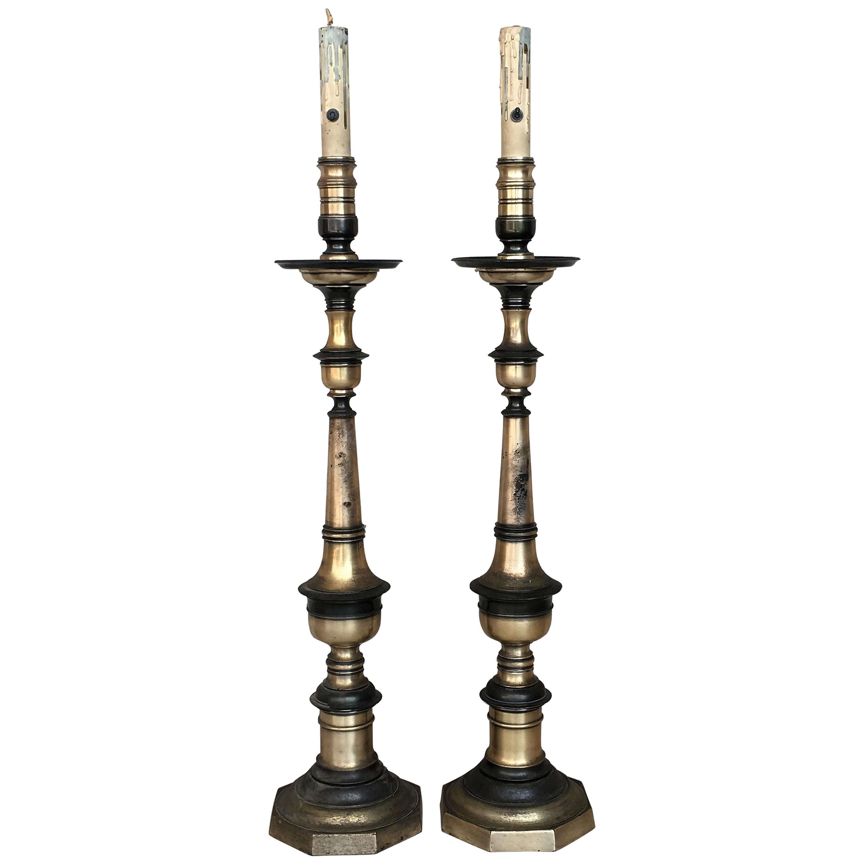 20th Pair of Spanish Renaissance Style Bronze Pricket Floor Lamps, Torchères