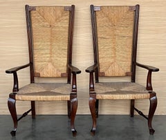 20th Pair of Spanish Walnut Armchairs with High Back and Seat Caned