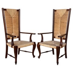 20th Pair of Spanish Walnut Armchairs with High Back and Seat Caned