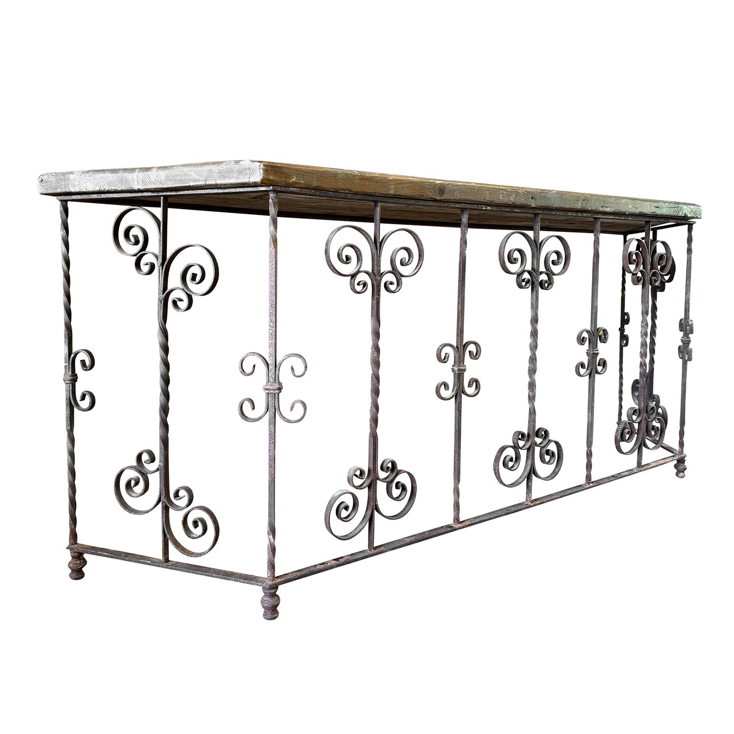 20th Pair of Vintage Wrought Iron Console Tables with Wooden Tops In Good Condition For Sale In West Palm Beach, FL