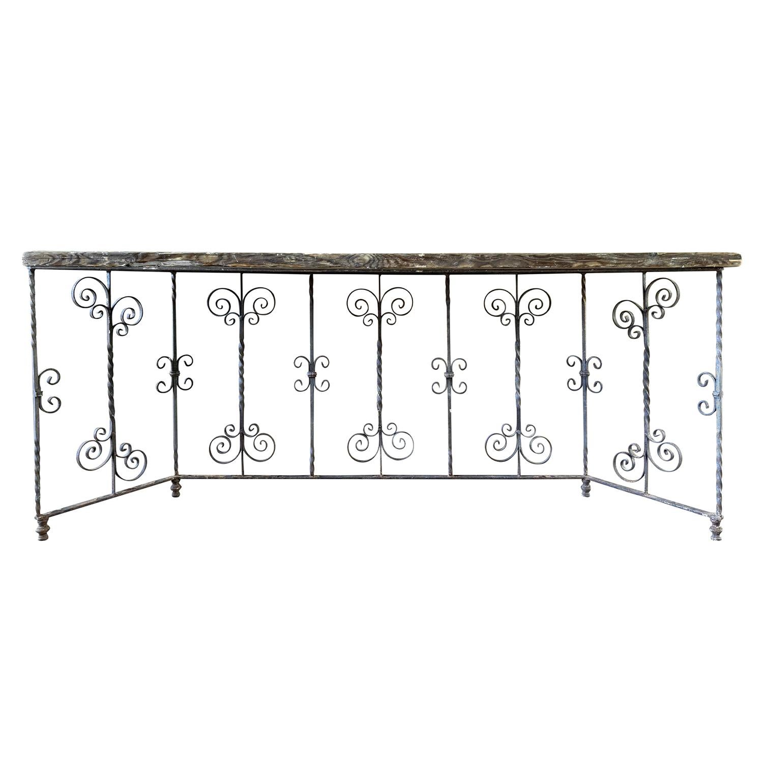 20th Pair of Vintage Wrought Iron Console Tables with Wooden Tops For Sale 1