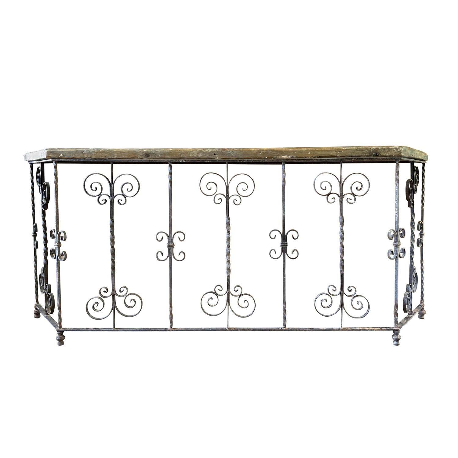 20th Pair of Vintage Wrought Iron Console Tables with Wooden Tops For Sale 2