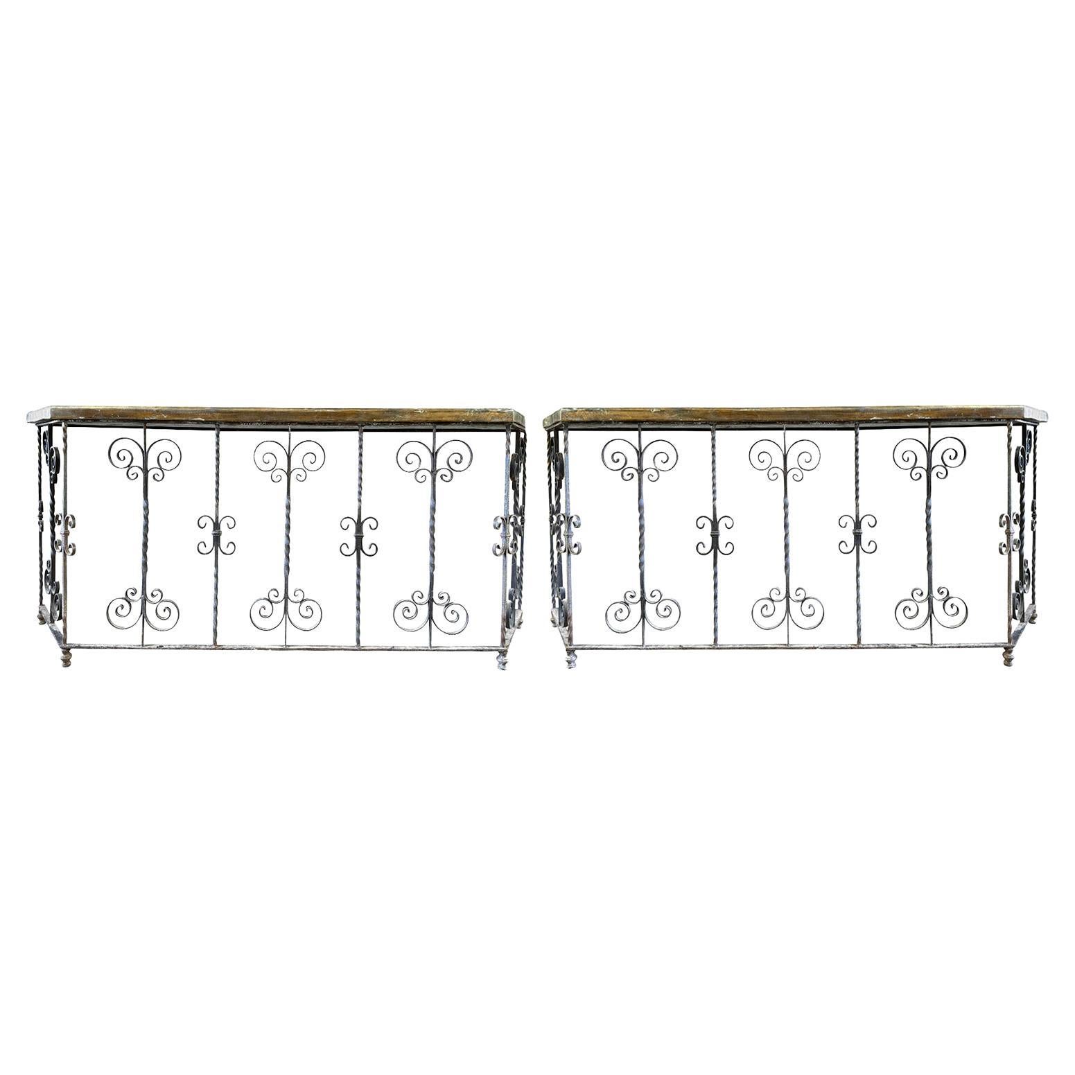 20th Pair of Vintage Wrought Iron Console Tables with Wooden Tops For Sale