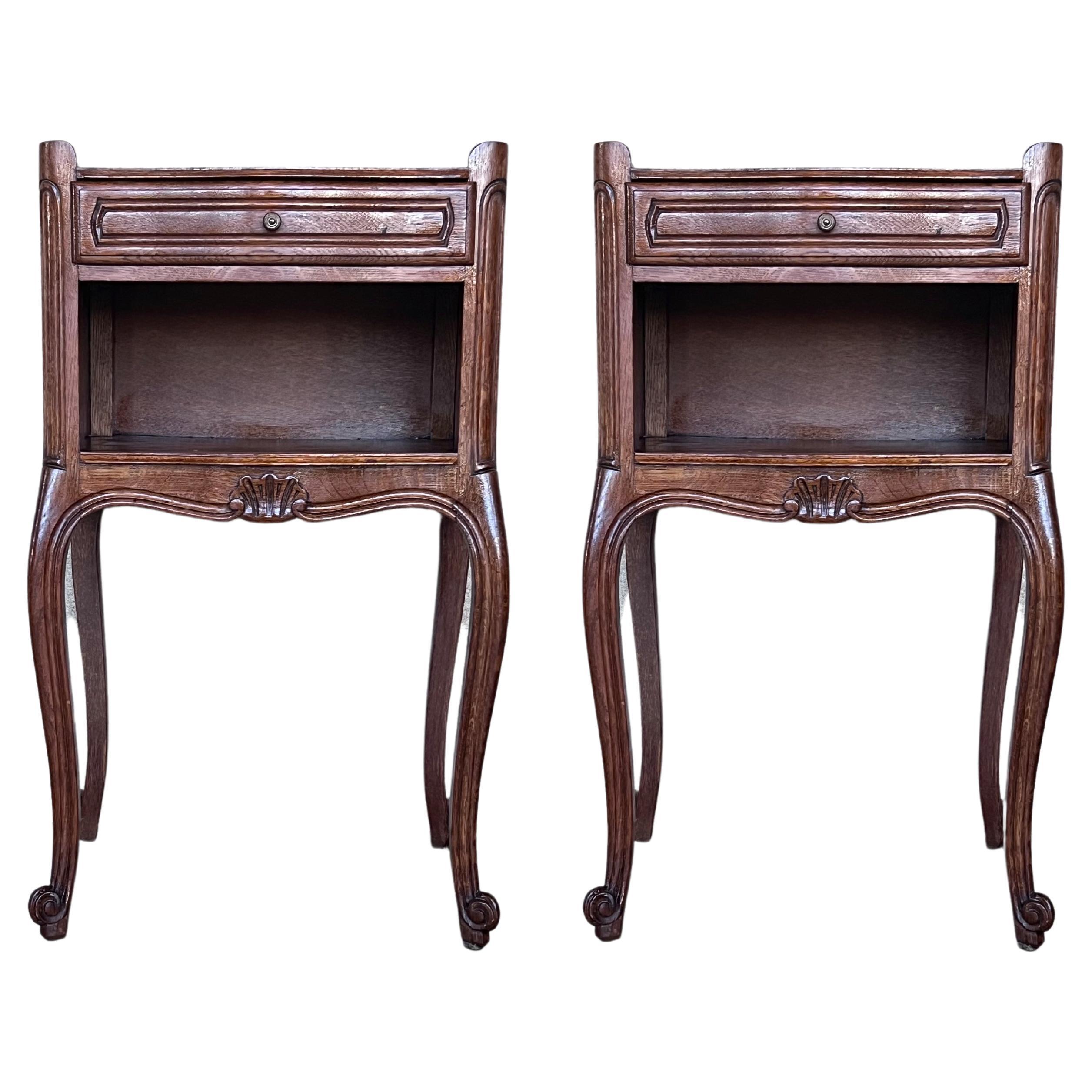 20th Pair of Walnut Nightstands Tables with Drawer and Open Shelf