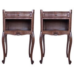 20th Pair of Walnut Nightstands Tables with Drawer and Open Shelf