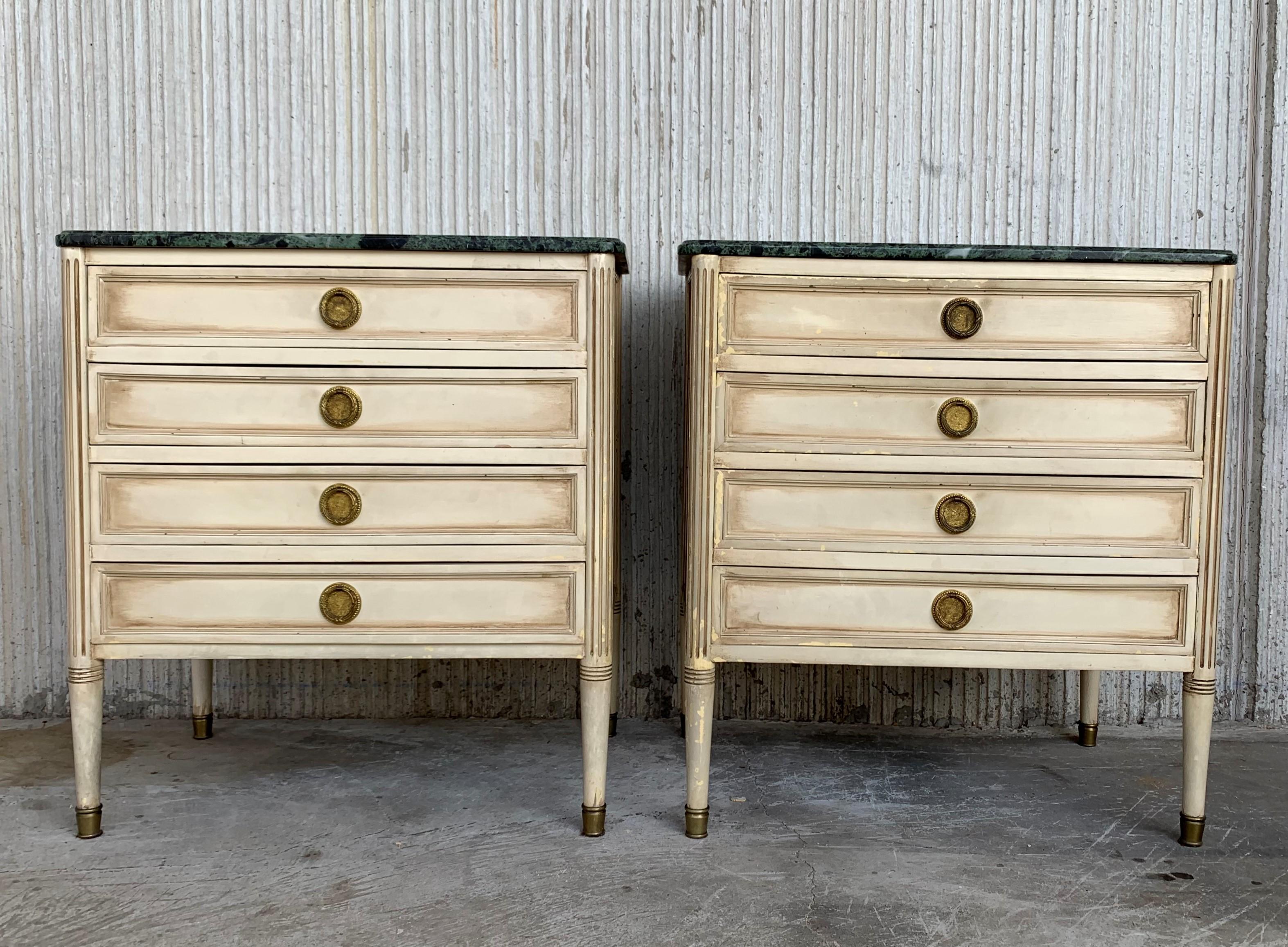 20th century pair of white patina and green marble nightstands.