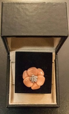 20th Pink Flower-Shapped French Ring in Coral Angel Skin, Diamonds and White Gold
