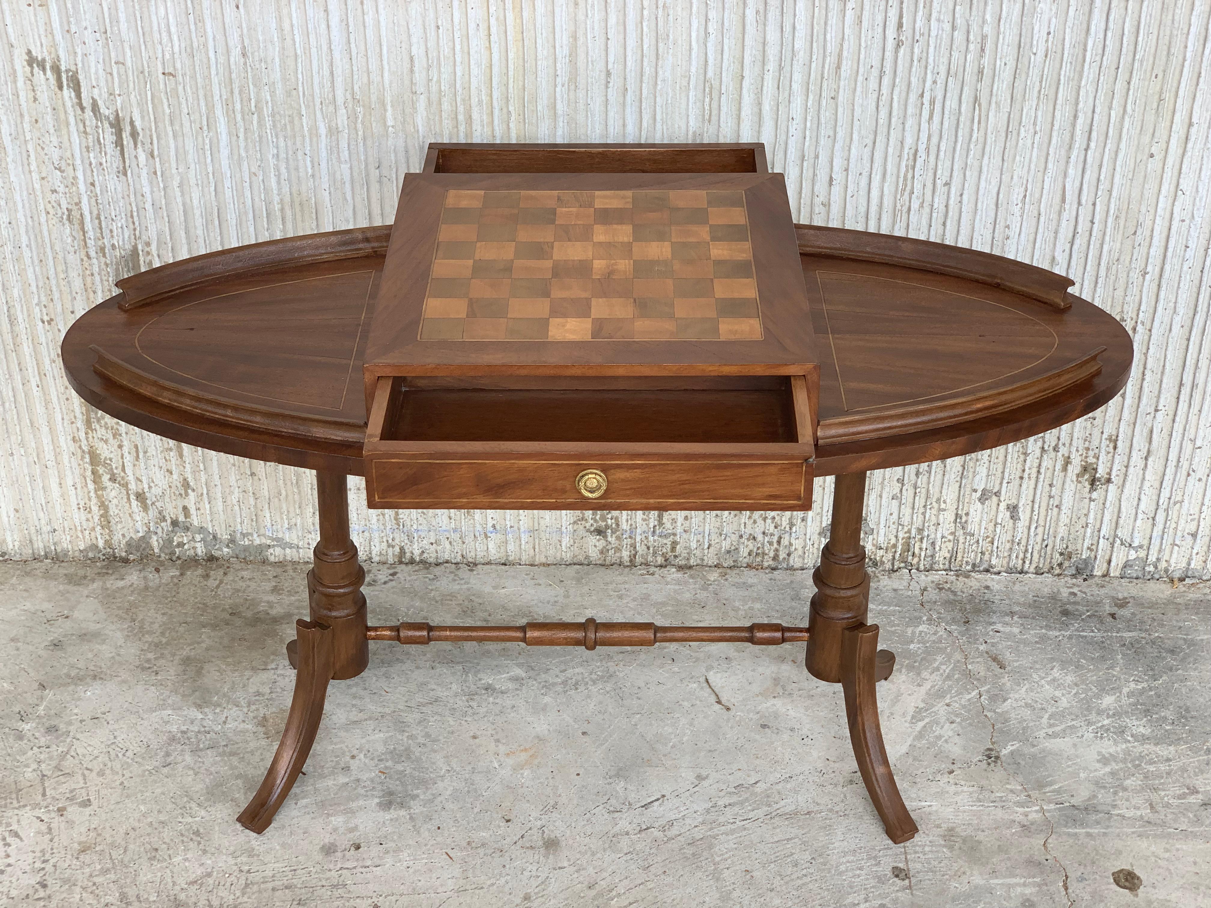 Oak 20th Century Regency Style Oval Walnut Chess Game Table with Two Drawers For Sale