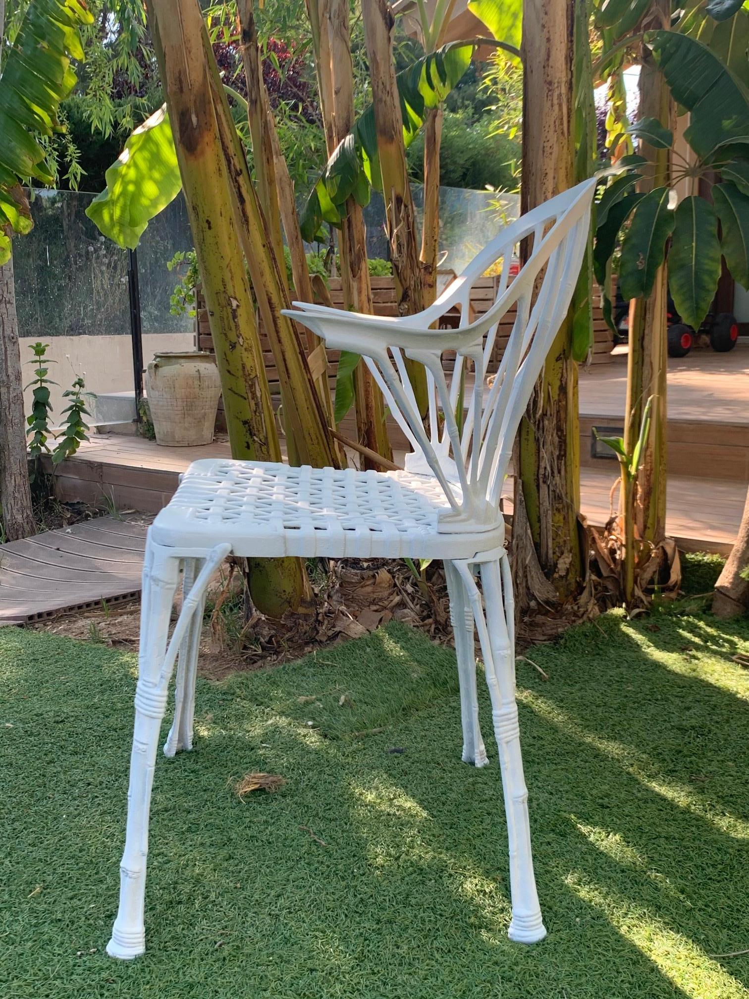 Aluminum 20th Renaissance Revival Style Pair of White Garden Chairs in Faux Bamboo For Sale