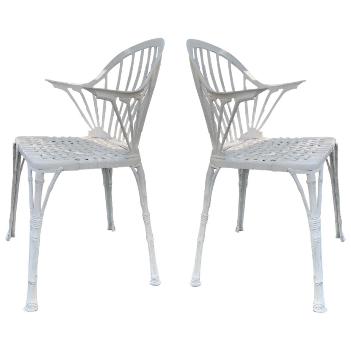 20th Renaissance Revival Style Pair of White Garden Chairs in Faux Bamboo