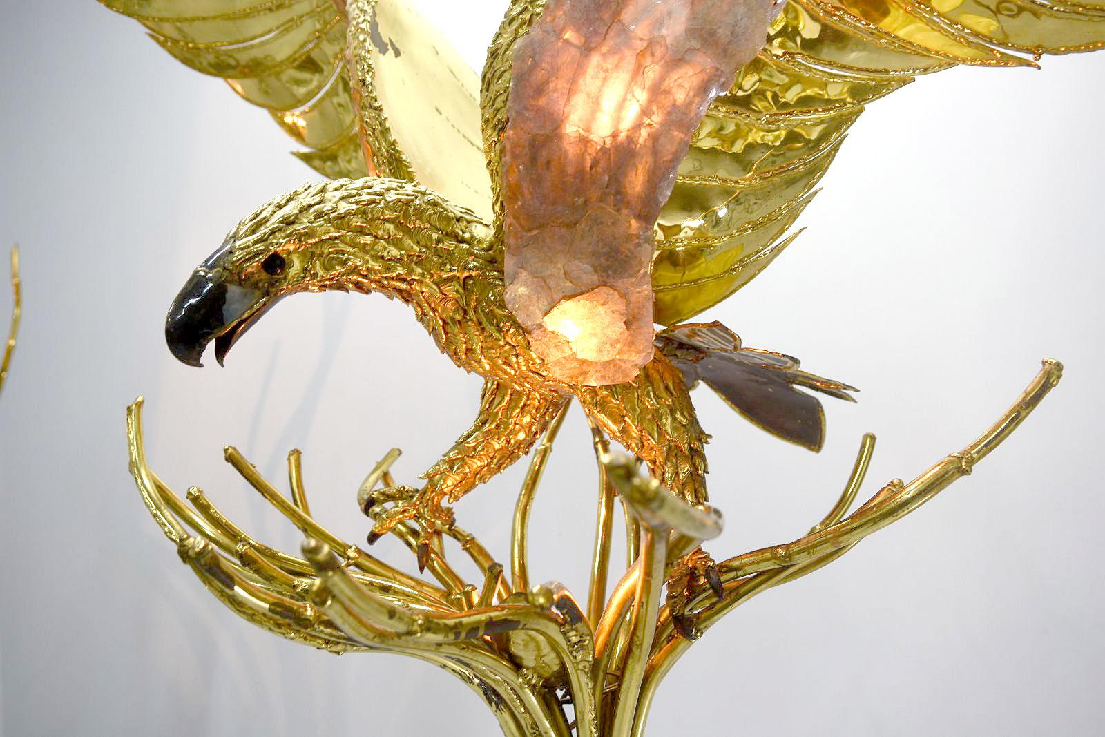Welded 20th Century Richard and Isabelle Faure Eagle Floor Lamp in Brass and Quartz For Sale
