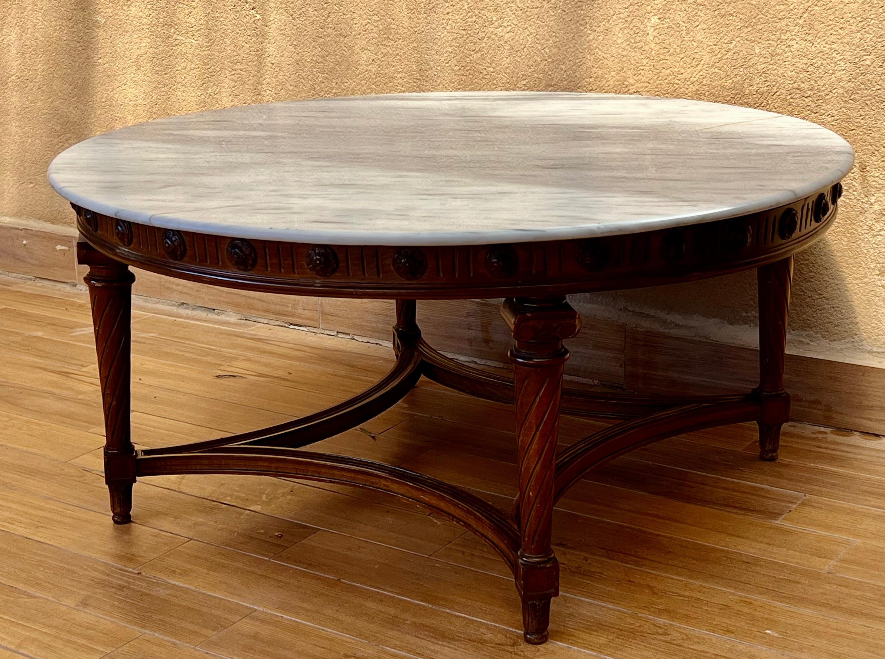 Spanish Colonial 20th Round Coffee Table with Marble Top and Carved Legs