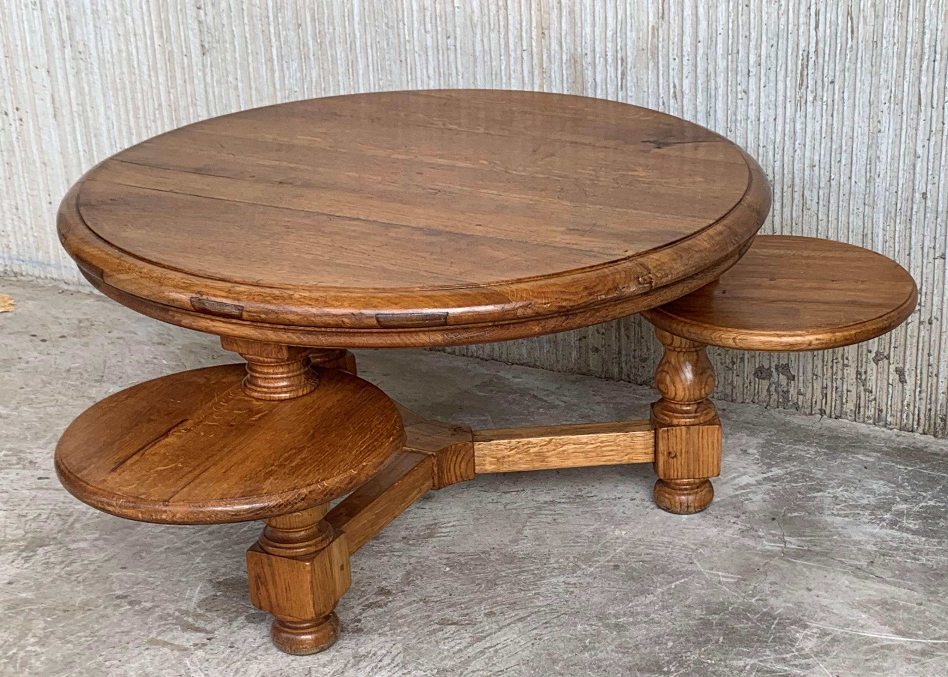 Spanish 20th Round Country Coffee or Picnic Table with Three Auxiliars Tables or Stools