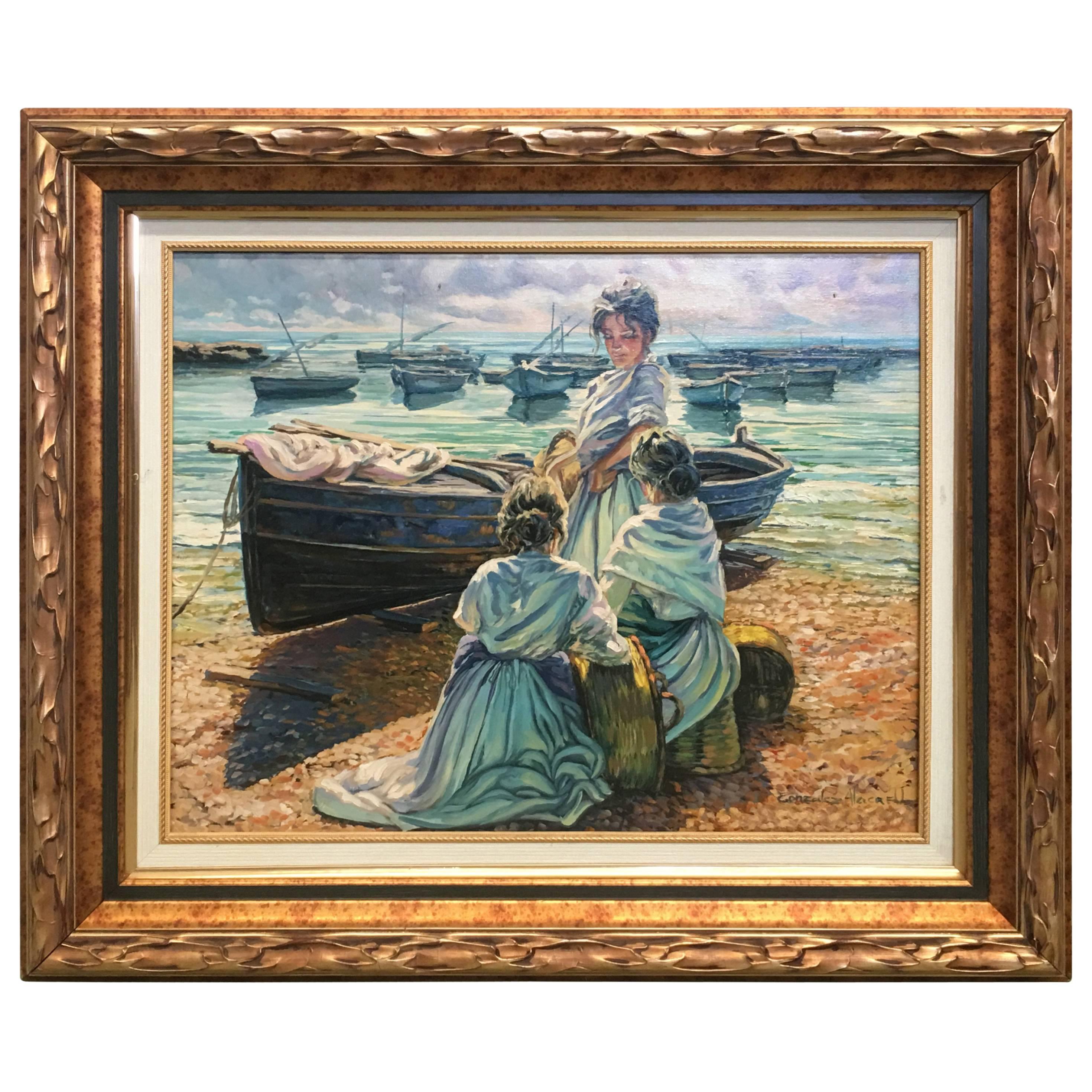 20th Scene of This Time, Sea, Spanish Oil on Canvas, Gonzalez Alacreu For Sale