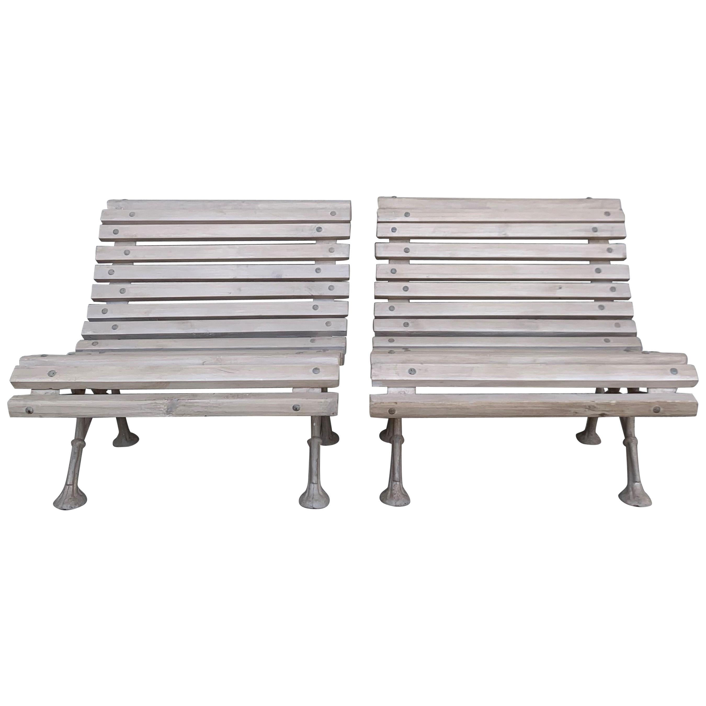 20th Set of Four Antiques White Garden Benchs with Wood Slabs & Cast Iron Legs 6