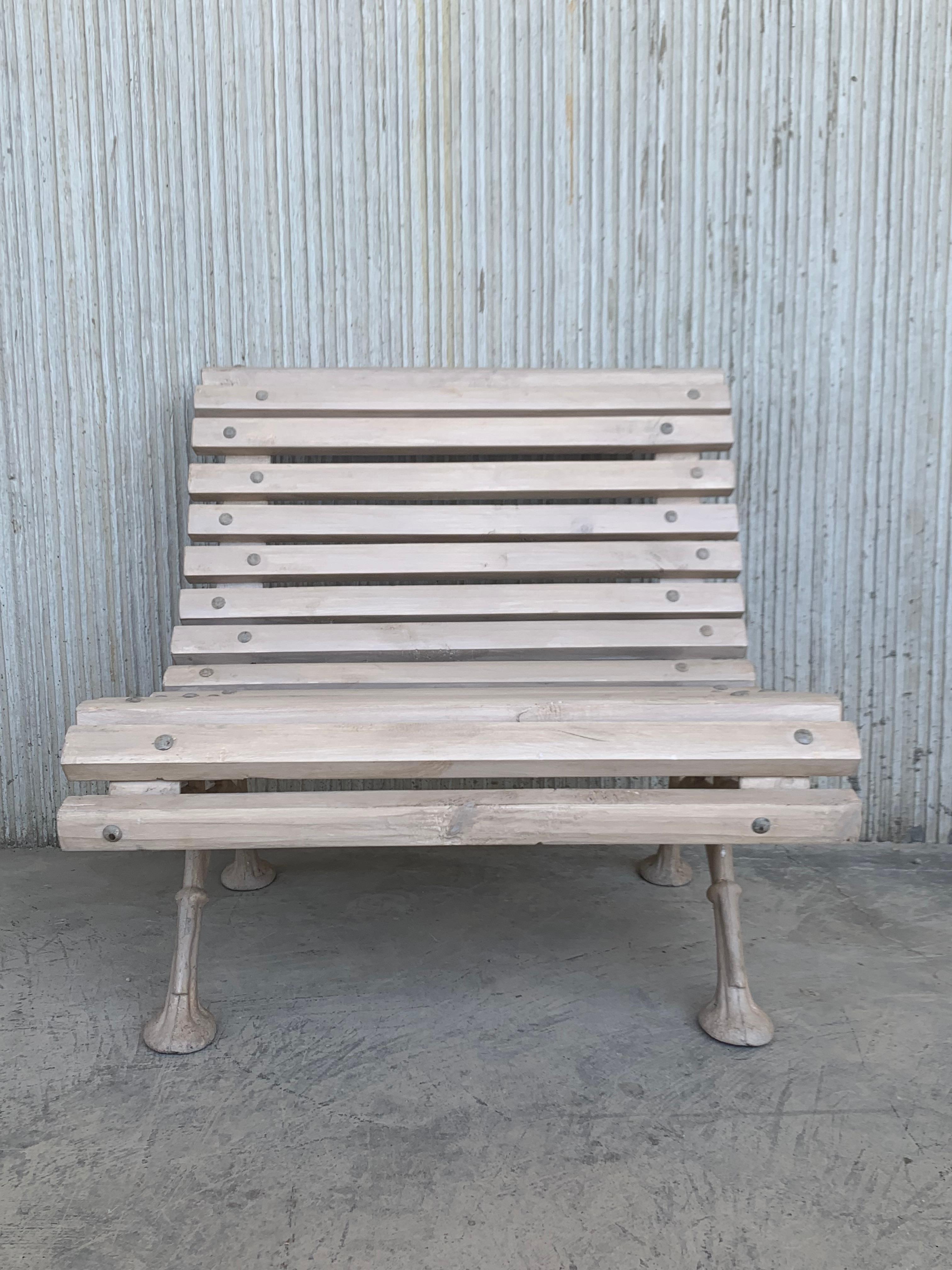 Country 20th Set of Four Antiques White Garden Benchs with Wood Slabs & Cast Iron Legs
