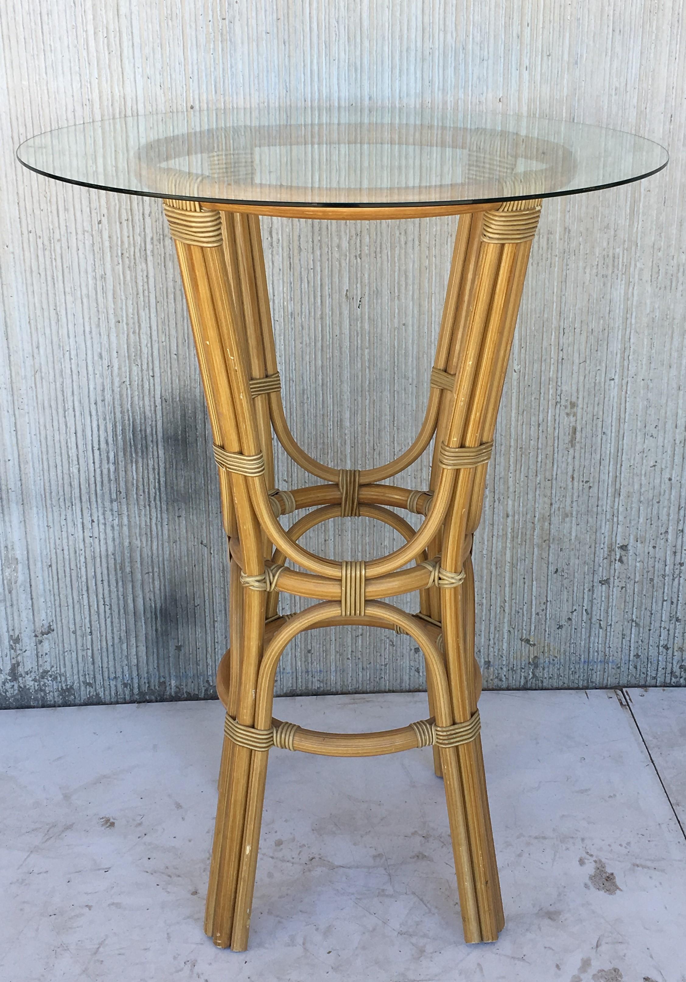 Mid-Century Modern 20th Century Set of Four High Round Cocktail Table in Faux Bamboo with Glass Top