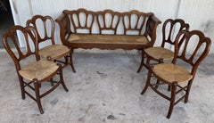 20th Set of One Bench and Four Victorian Chairs, Wood and Rattan