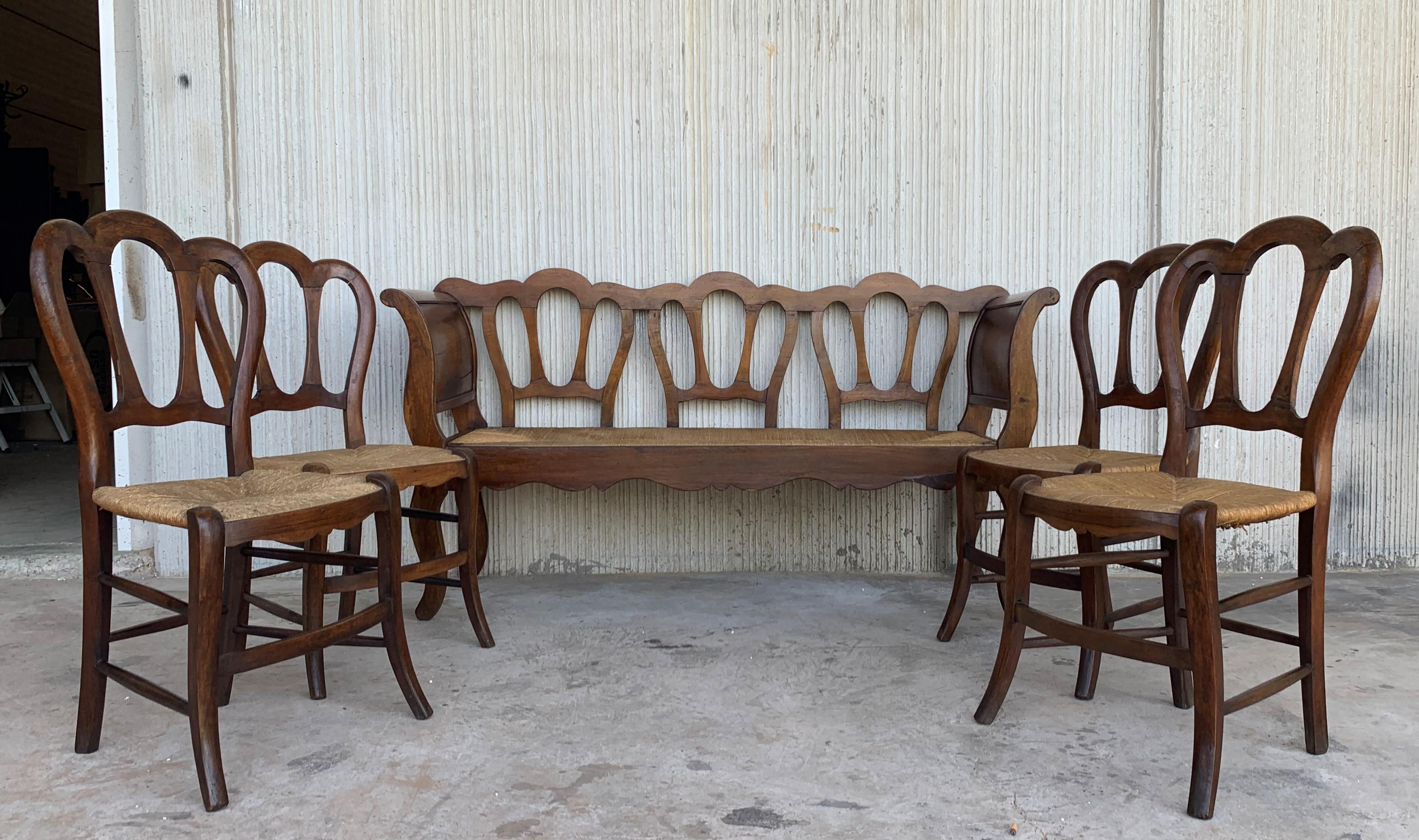 European 20th Set of One Bench and Four Victorian Chairs, Wood and Rattan For Sale