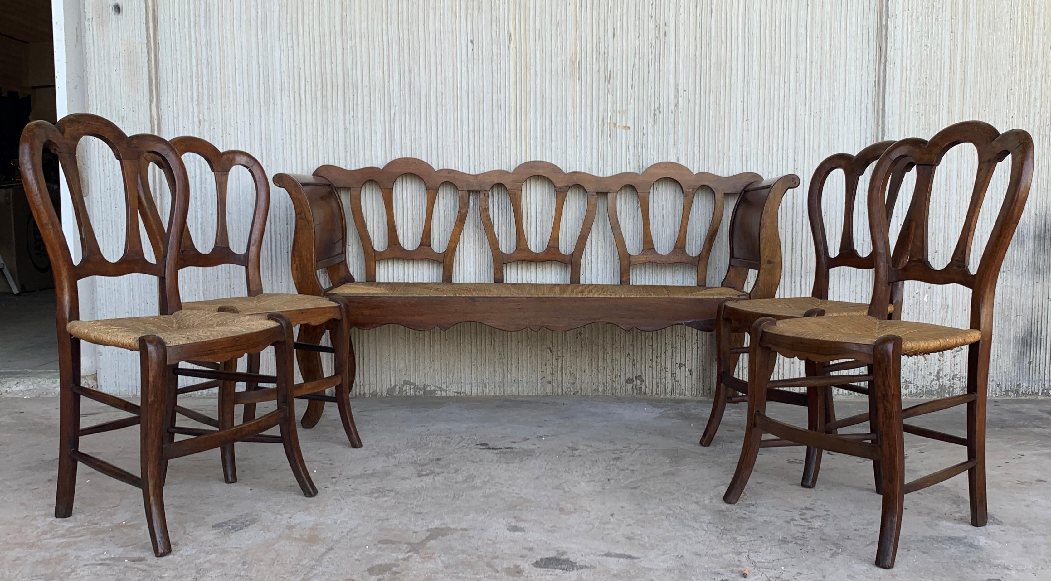 19th Century 20th Set of One Bench and Four Victorian Chairs, Wood and Rattan For Sale