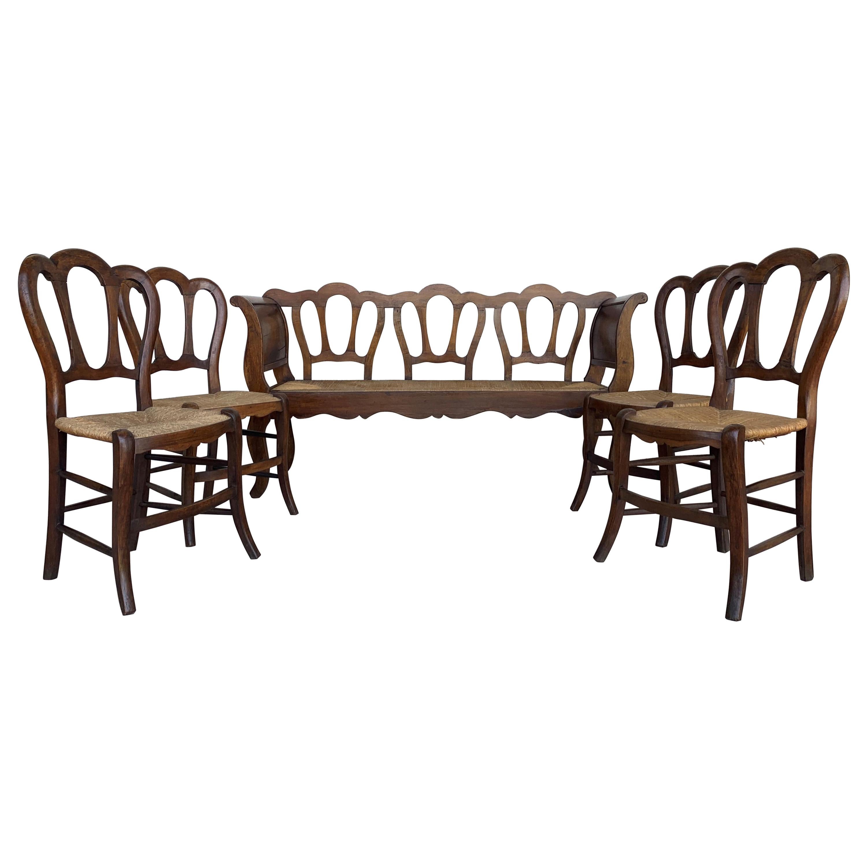 20th Set of One Bench and Four Victorian Chairs, Wood and Rattan