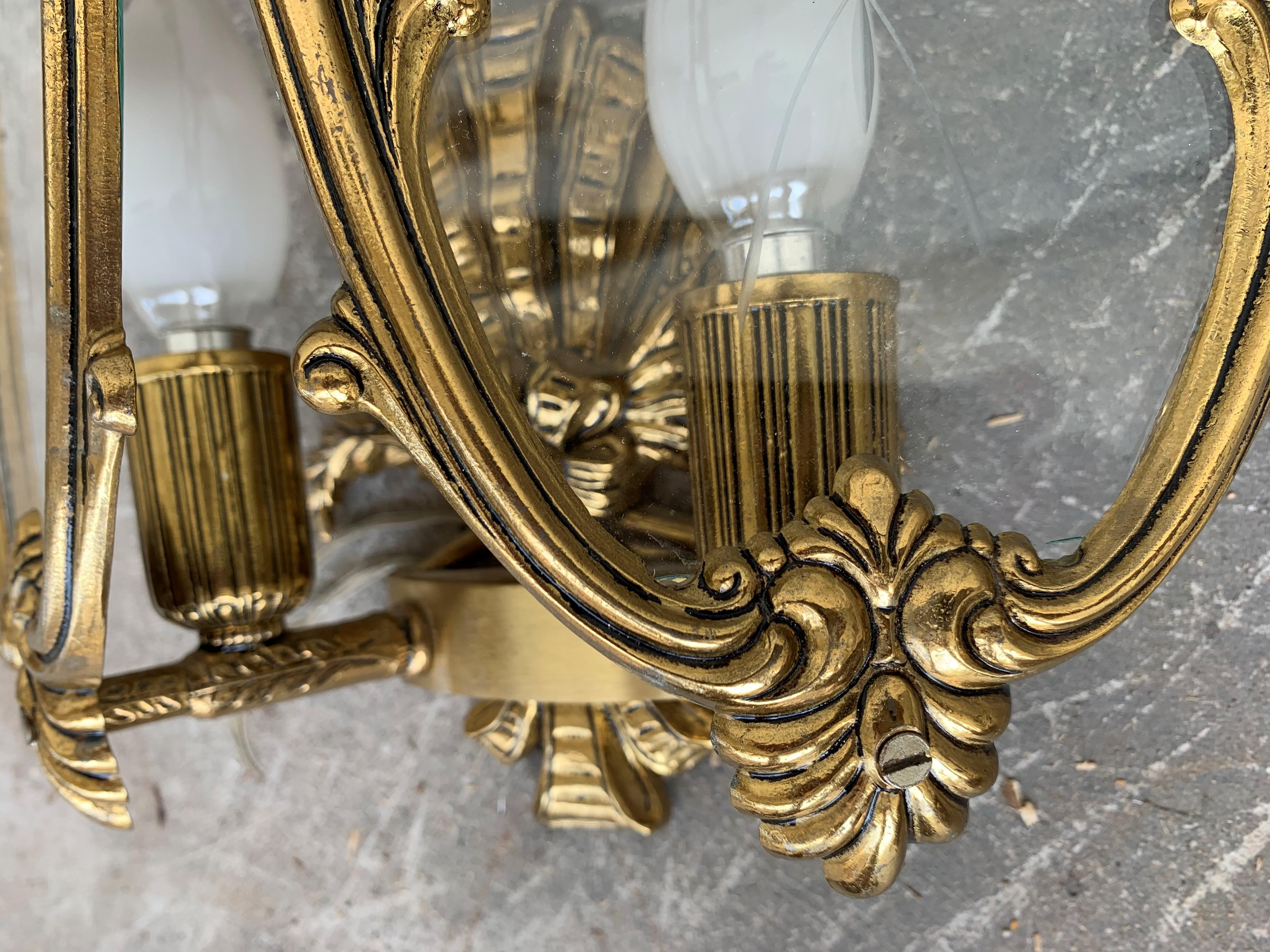 20th Century Set of Pair French Bronze and Glass Sconces with Ceiling Lamp For Sale 8